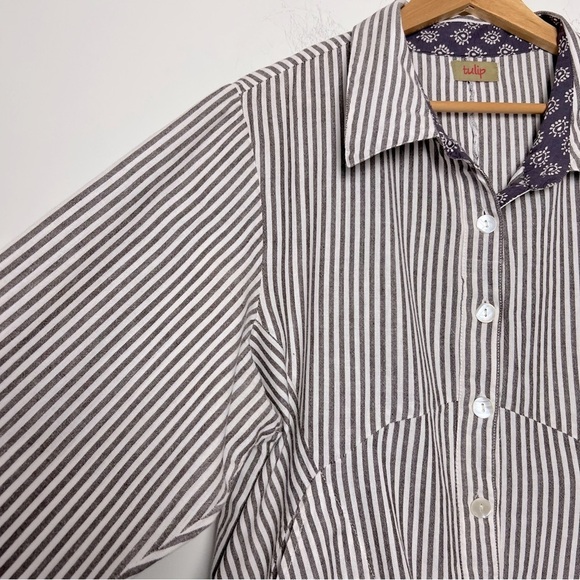 Tulip Lagenlook Shirt Brownish Gray Stripe Loose Asymmetrical Hem Button Down - Picture 4 of 14